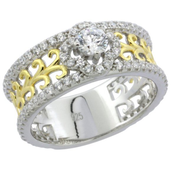 Ladies Sterling Silver Round Stone 4mm Micro Pave Cz Ring Yellow Gold Plated